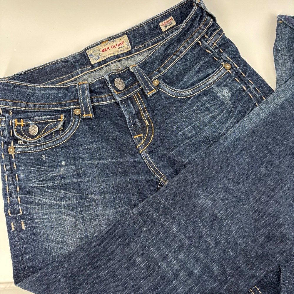USA MEK Denim Women Bootcut‎ 28 Dark Wash Thick Stitch Distressed Indie Sleaze